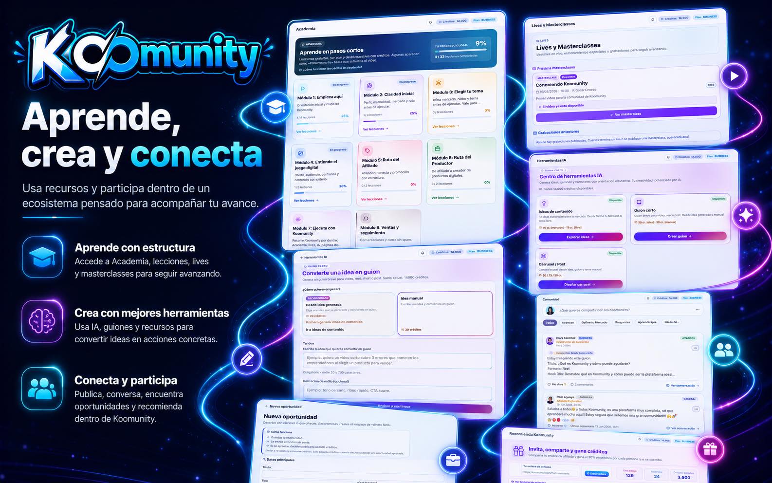 Pantalla de Academia, herramientas IA o Comunidad en Koomunity