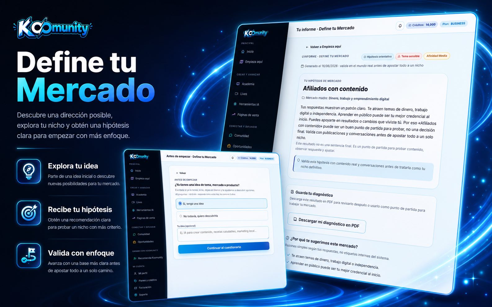 Pantalla de Define tu Mercado en Koomunity