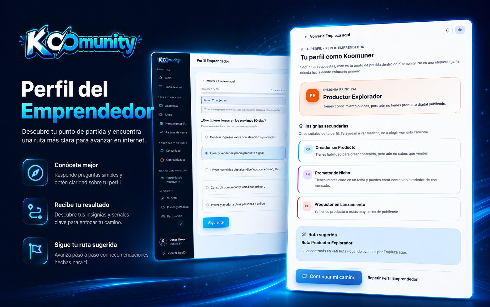 Pantalla de Perfil Emprendedor en Koomunity